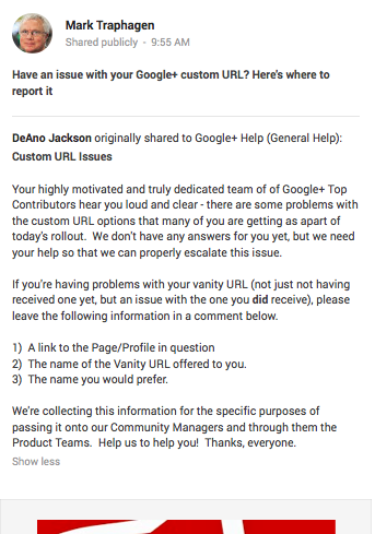 Mark Traphagen Google Plus vanity URL post