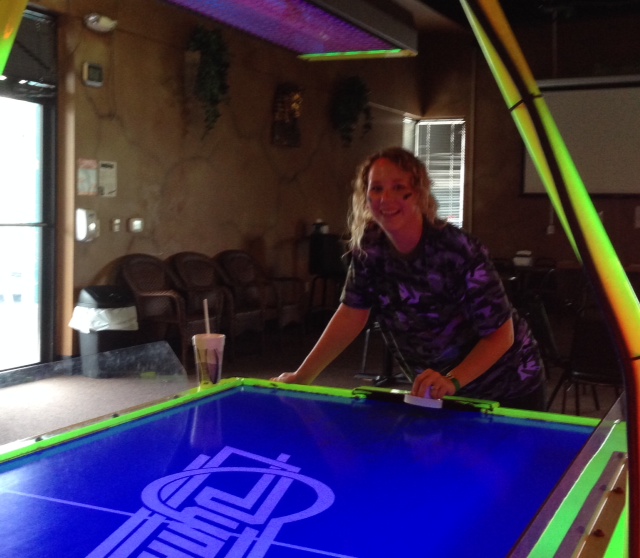 Rebekah was probably the most prepared for laser tag, wearing not only war paint, but also camouflage. I'm not sure if it helped her at air hockey at all though...