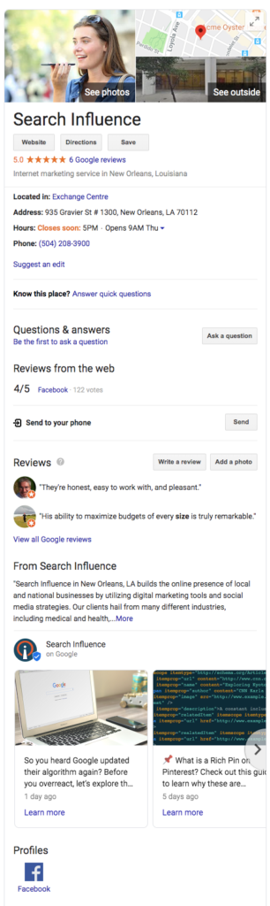 Example of a knowledge graph result using Search Influence as the business