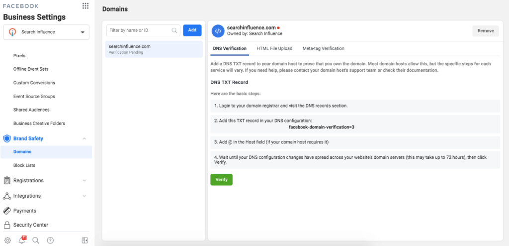 How to verify domains on Facebook