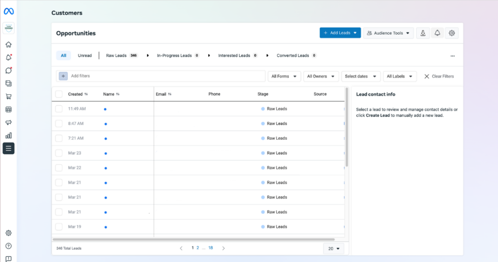 Screenshot of Facebook lead center
