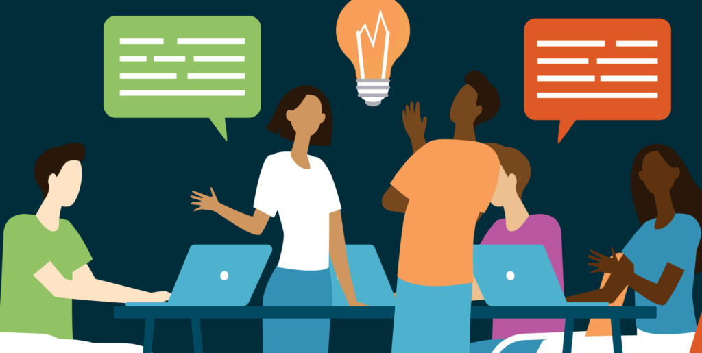 Graphic of a group of digital marketers coming up with a great paid search advertising campaign for higher education