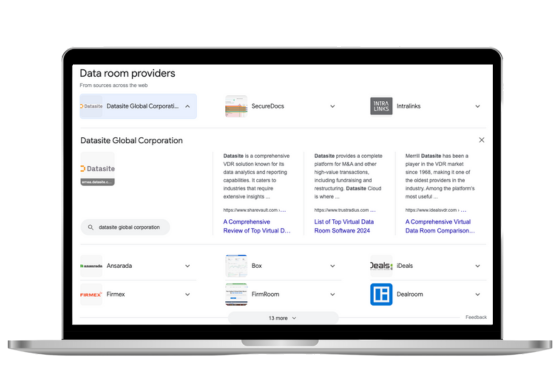 Google Screenshot AI Overview Example - Datasite - Dataroom Providers